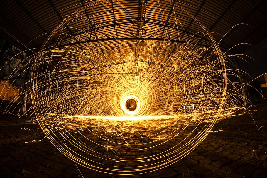 steel wool photography inside covered court, construction, fire, HD wallpaper