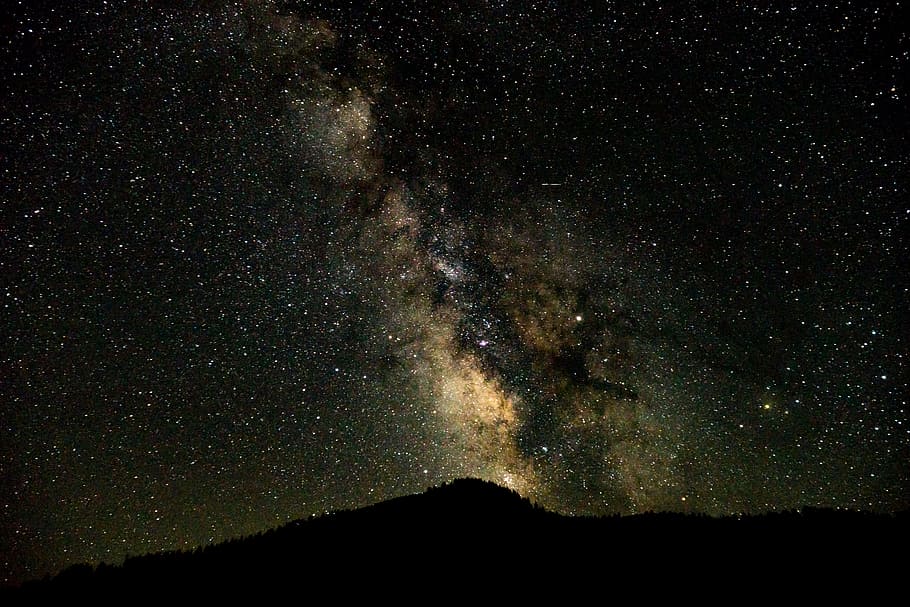 silhouette landscape photography of a mountain with stars background, silhouette mountain under milky way sky at night time HD wallpaper