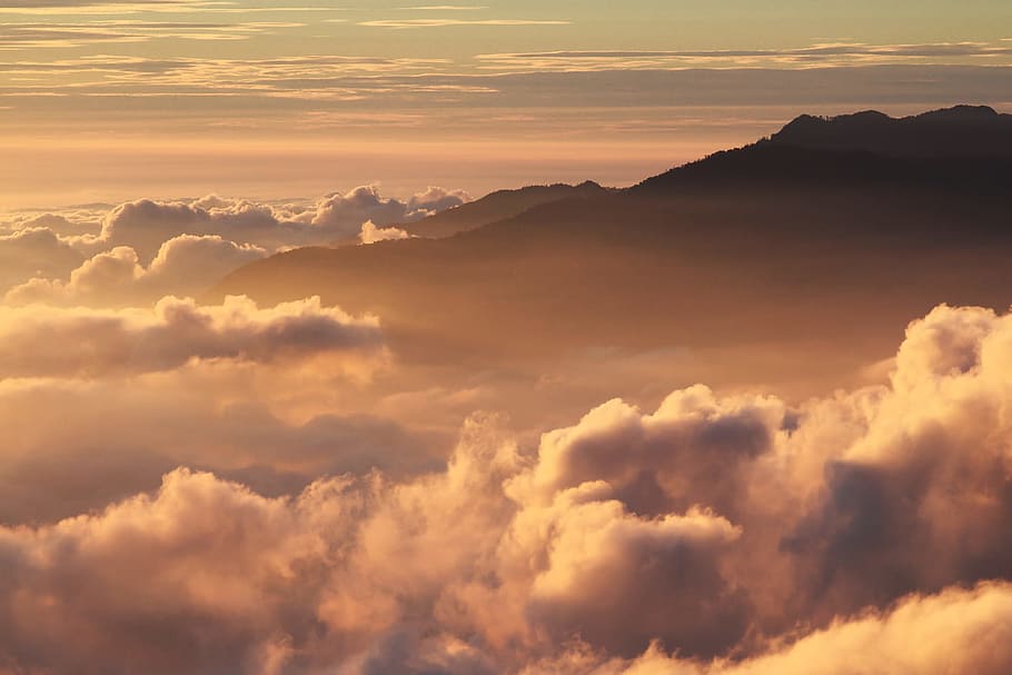 Silhouette of Mountain With Fluffy Clouds during Sunset, dawn HD wallpaper