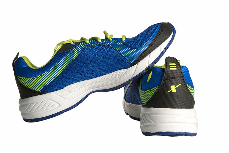 pair of blue-and-black running shoes, sports shoe, sneakers, footwear