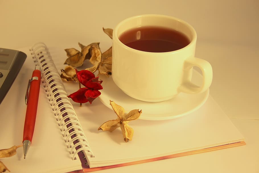 white ceramic teacup and saucer on notebook with flowers, drink HD wallpaper