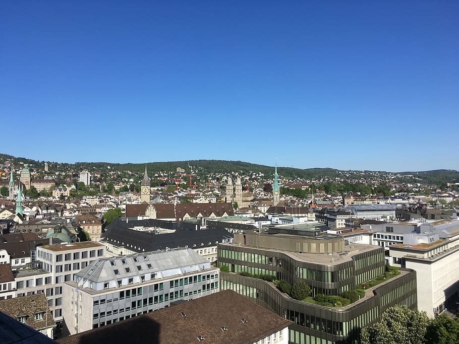 zurich, tower, munster, cityscape, grossmunster, panoramic