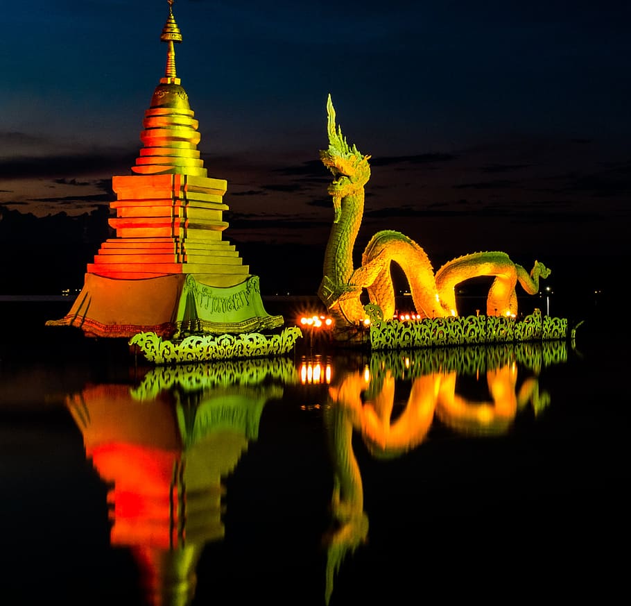 dragons, lake, sailor, sunset, abendstimmung, clouds, illuminated HD wallpaper