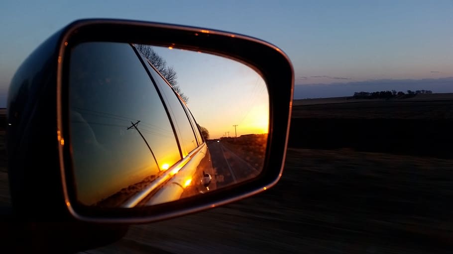 reflection, sunset, mirror, summer, evening, dusk, travel, road trip HD wallpaper