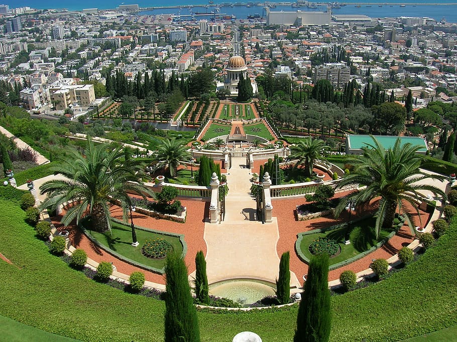 Bahai Gardens in Haifa, Israel, cityscape, photos, plants, public domain