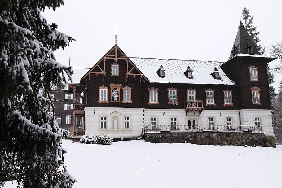 Architecture, Building, Cabin, Chalet, cold, cottage, covered HD wallpaper