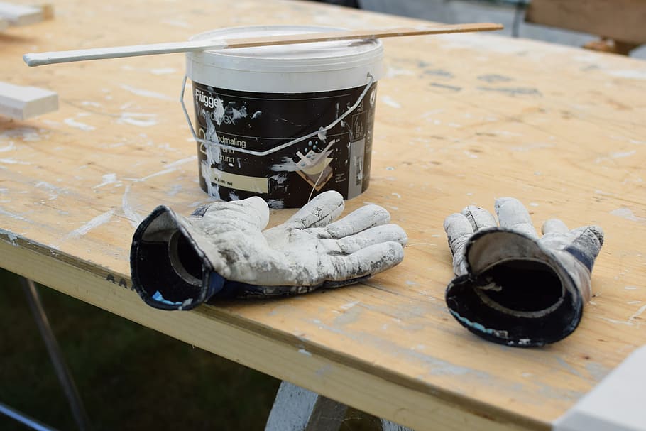 gloves, paint, dirty, work, done, finished, wood - material