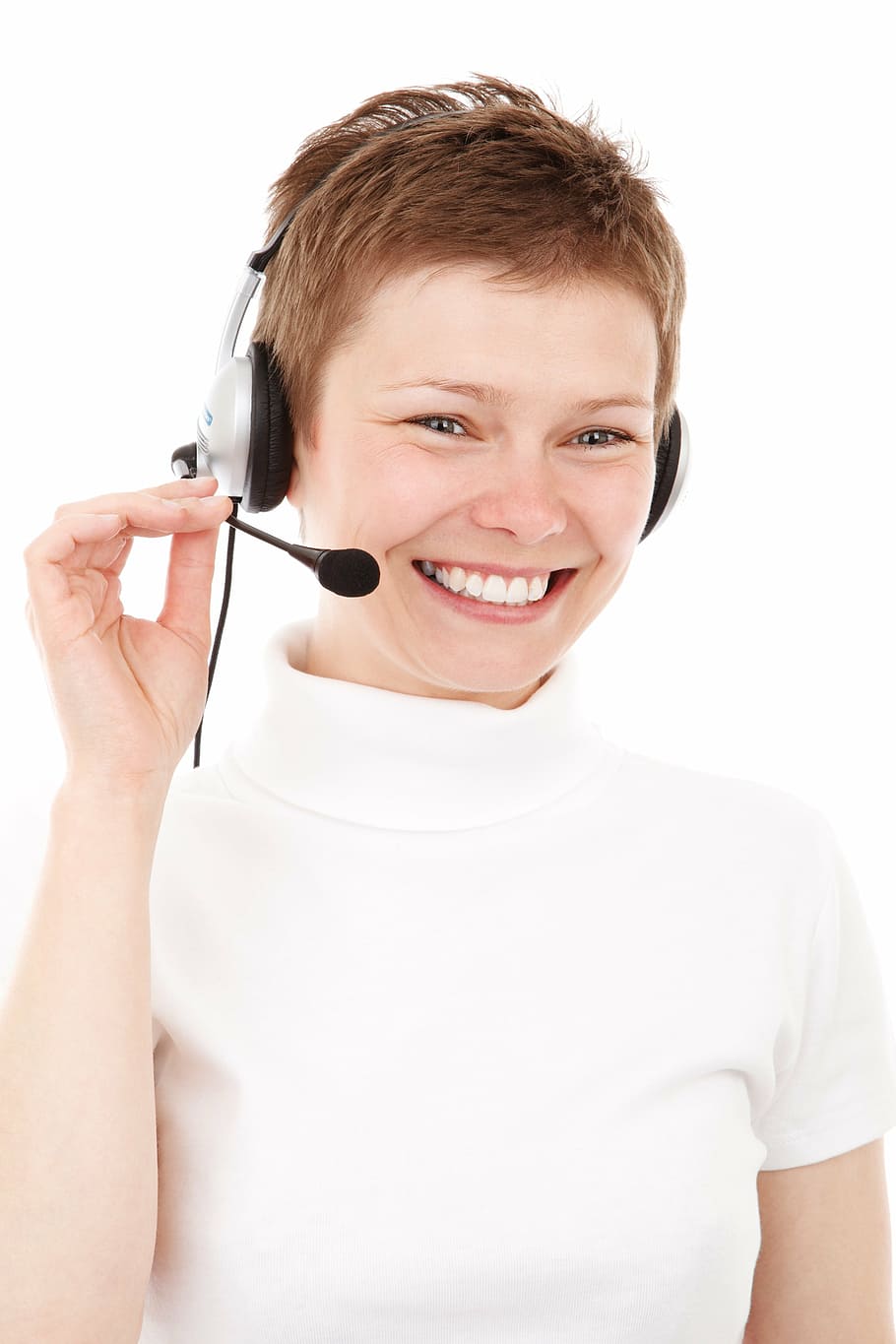 woman in white turtleneck shirt wearing headset, agent, business