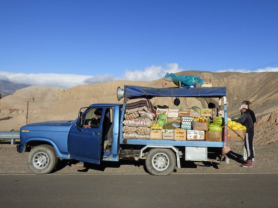 fruit, grocery, van, road, desert, food, shop, transportation HD wallpaper