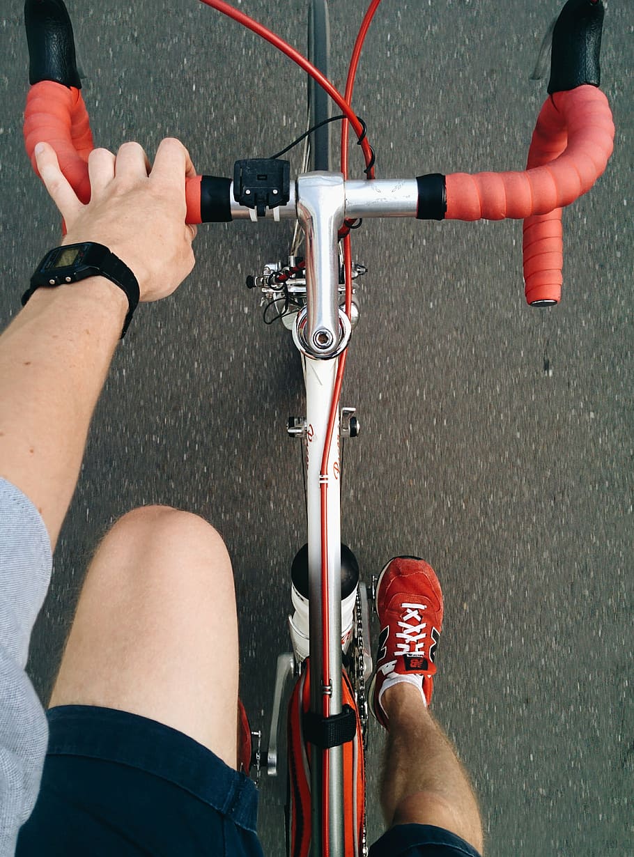 person wearing red New Balance shoes riding on road bicycle, bike, HD wallpaper