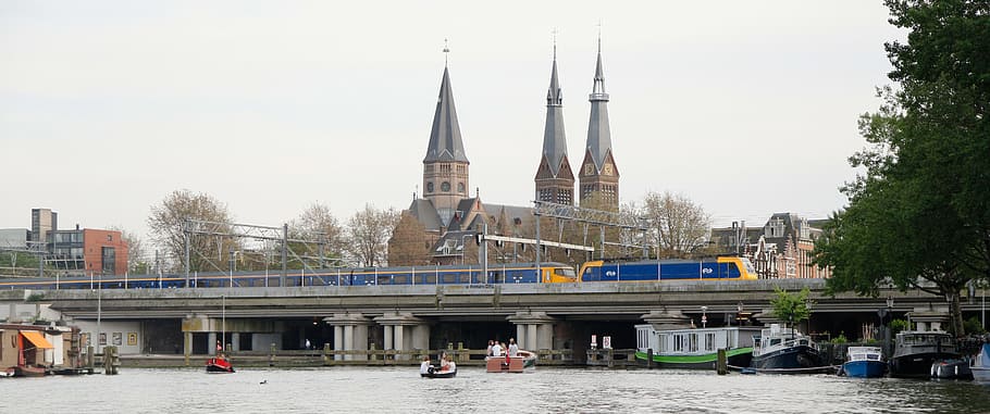 amsterdam, netherlands, boat, train, church, belfry, architecture, HD wallpaper