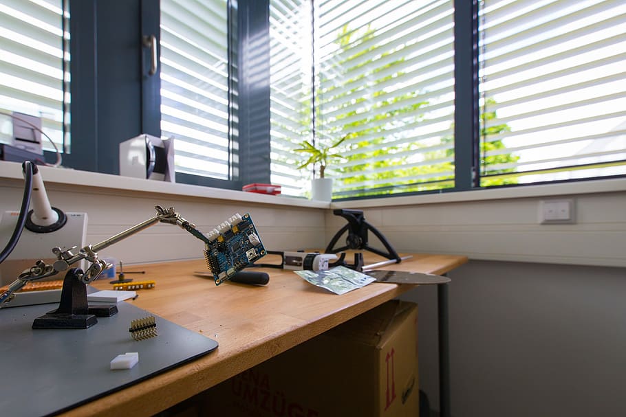 soldering iron on desk, workshop, board, terminal, office, development