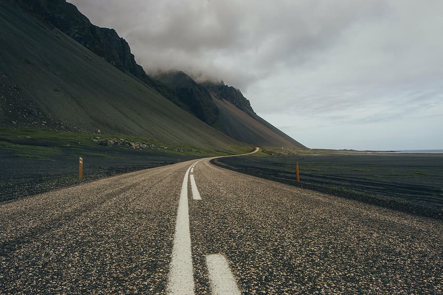 gray concrete road near green hill, asphalt, street, empty HD wallpaper