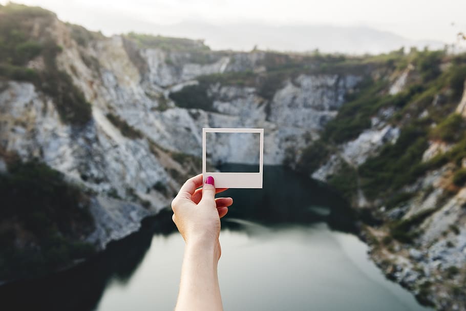 landscape, holiday, hand, water, cliffs, daylight, frame, lake HD wallpaper