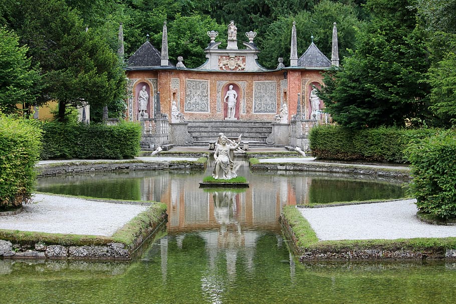 Hellbrunn-Castle garden in Salzburg, Austria, photos, pool, public domain, HD wallpaper