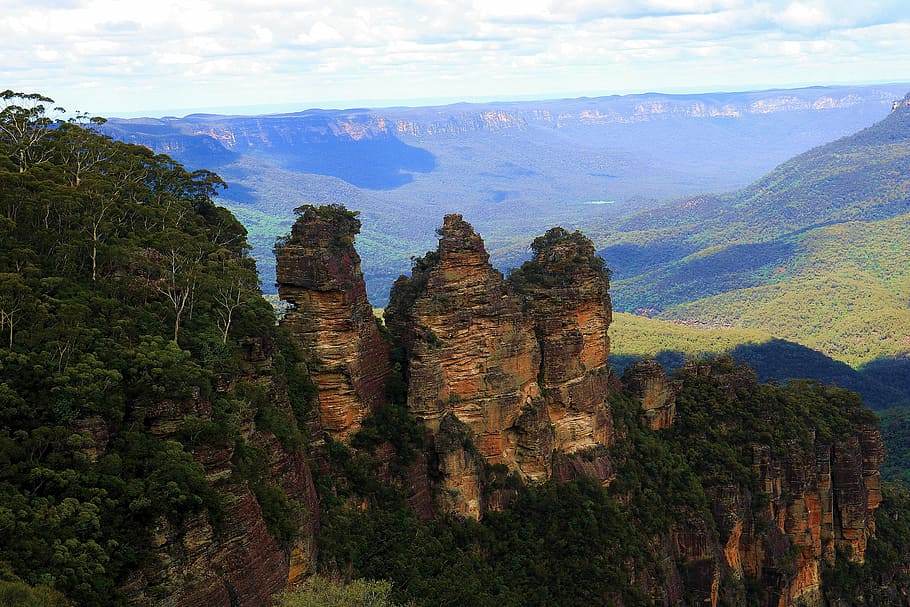 australia, forest, three sisters, rock, landscape, cable car, HD wallpaper