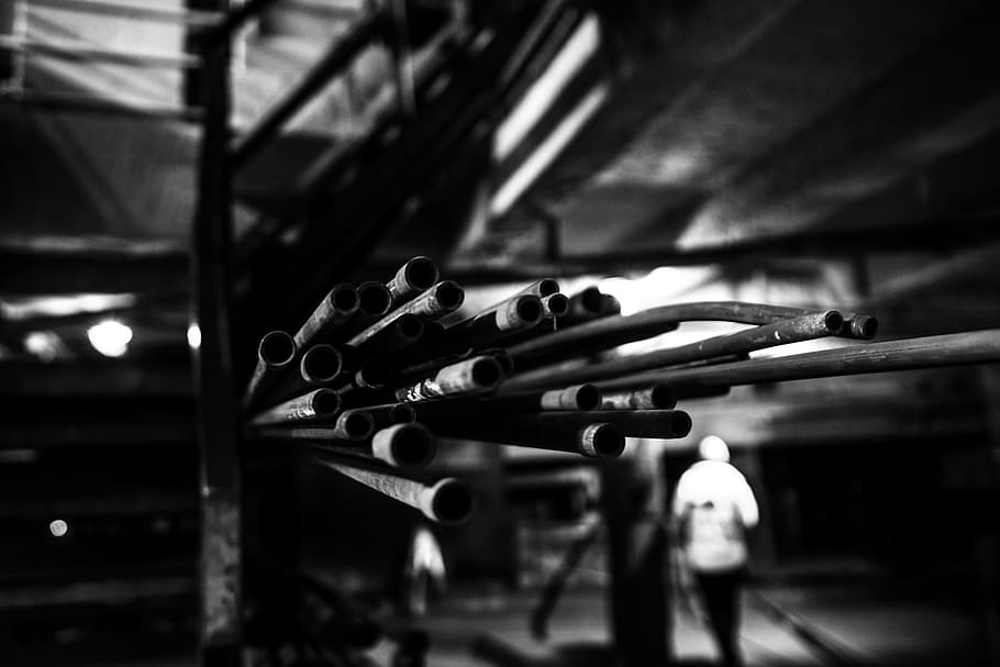 tubes, abstraction, bw, indoors, occupation, selective focus HD wallpaper