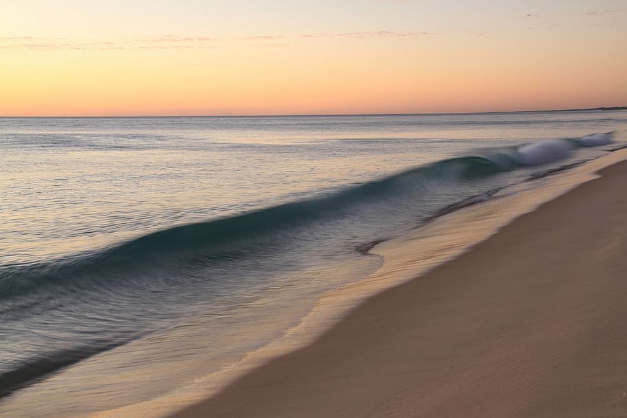 sea waves, photo, ocean, brown, sand, sunset, scene, beach HD wallpaper