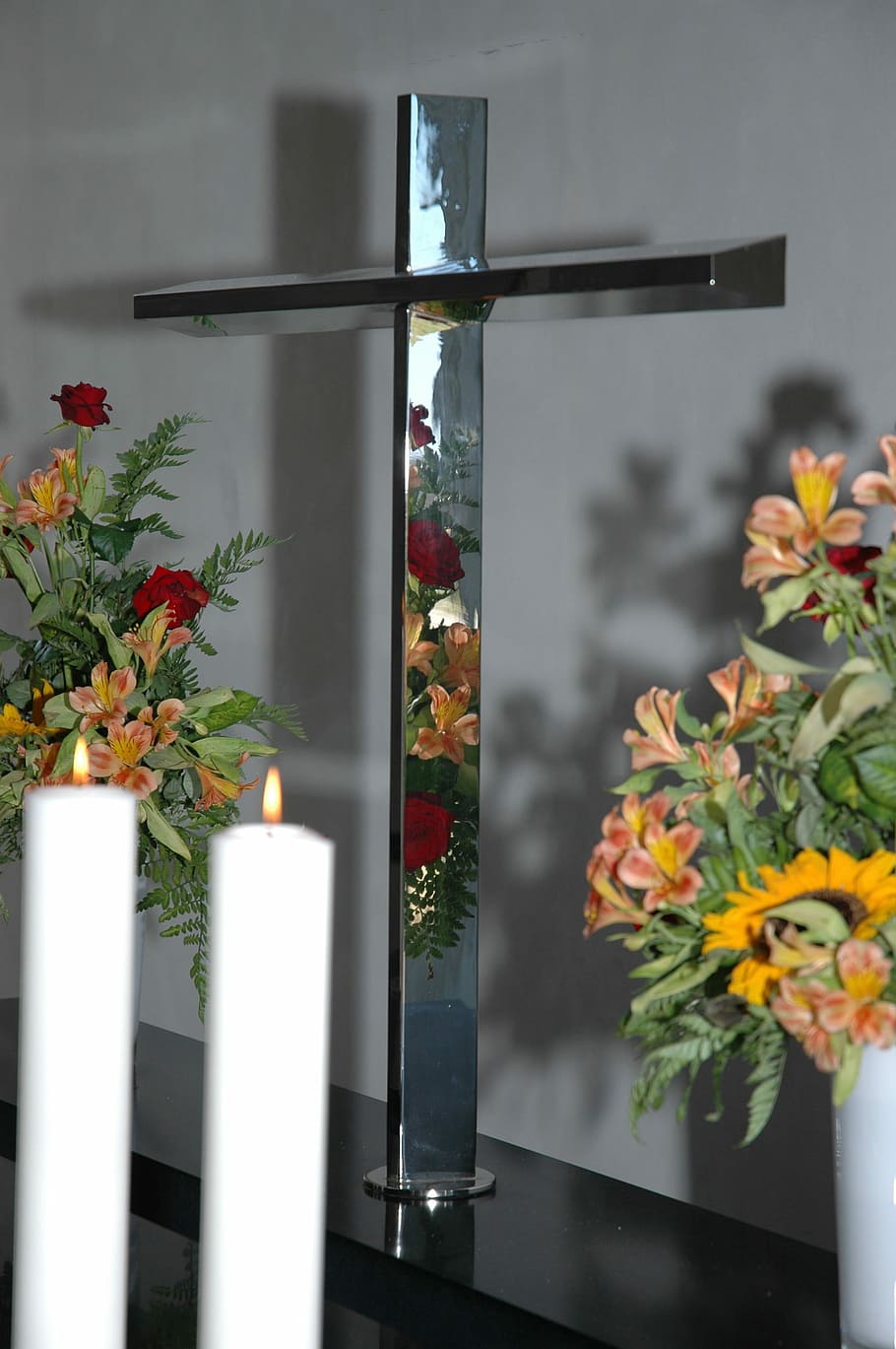 Altar, Cross, Light, Flowers, window, vase, no people, indoors HD wallpaper