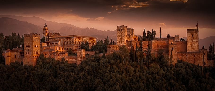 dawn, mountains, nature, sky, ancient, castle, clouds, dark, dusk HD wallpaper