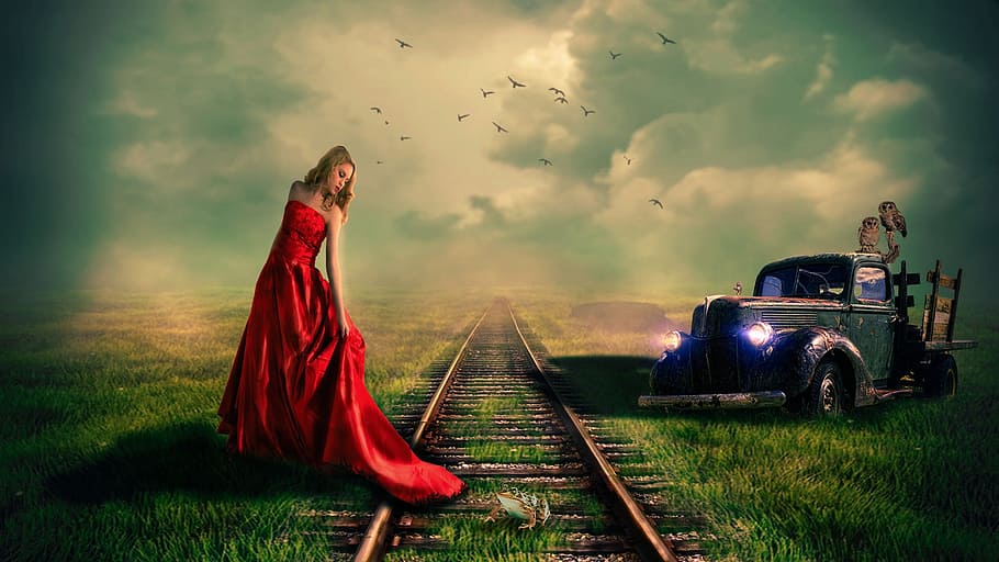 woman in red sleeveless dress standing beside train rail, fantasy HD wallpaper
