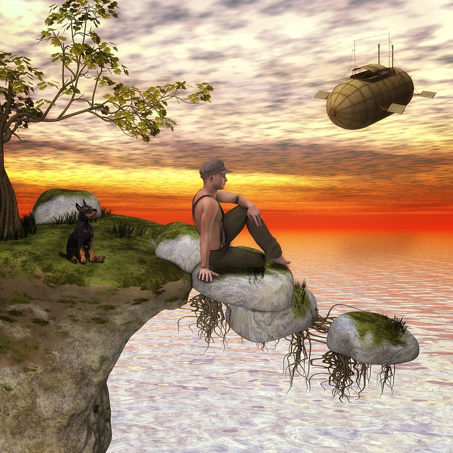 edited photo of man sitting on cliff during daytime, fantasy HD wallpaper