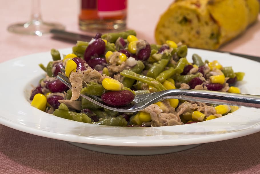 salad, beans, corn, fish, tuna, food, vegetables, nutrition HD wallpaper