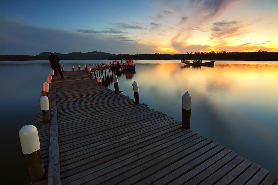 beach, boat, dawn, dock, dusk, evening, jetty, lake, landscape HD wallpaper