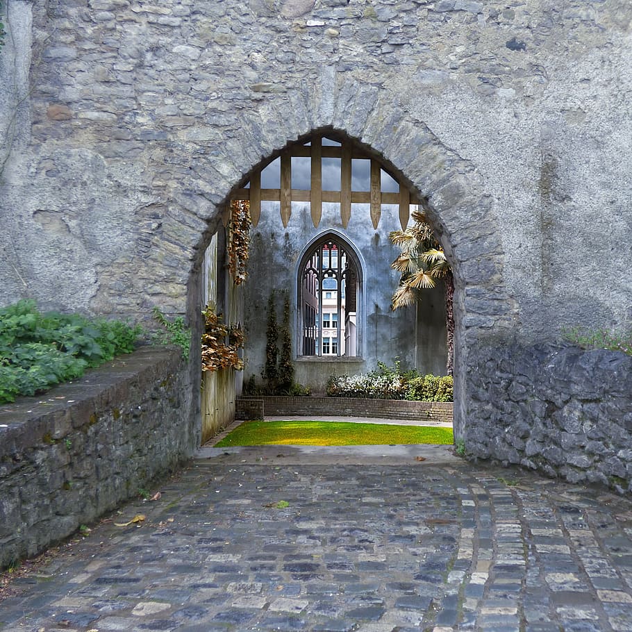 grey concrete hallway, building, scenic, gate, old, stone, travel HD wallpaper