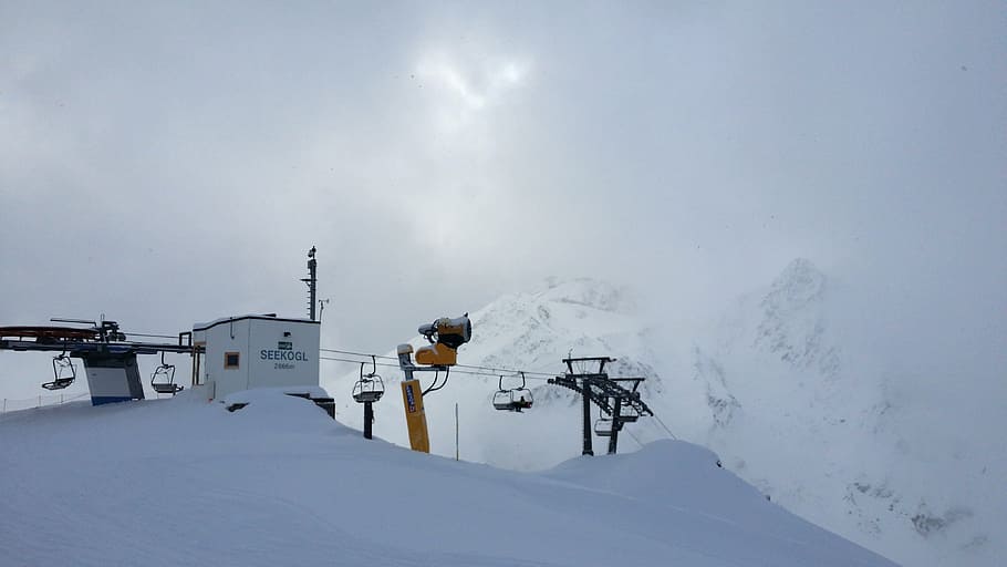 cable car, fog, ski lift, chairlift, skiing, winter sports, HD wallpaper