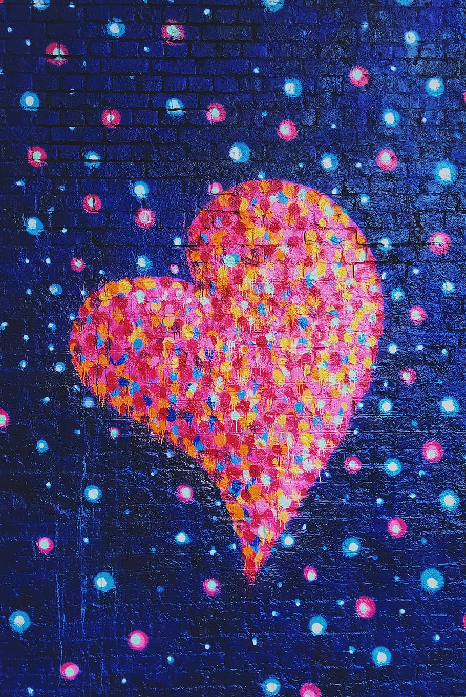 Love, blue, pink, and yellow heart artwork, brick wall, graffiti artist, HD wallpaper