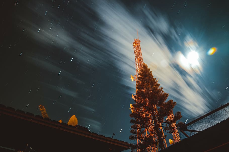 time lapse photography of tower near tree, stars, galaxy, sky HD wallpaper