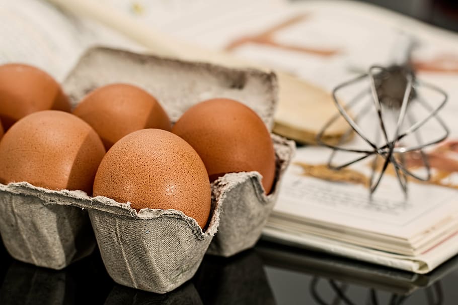 tray of brown eggs beside gray whisk, ingredient, baking, cooking HD wallpaper