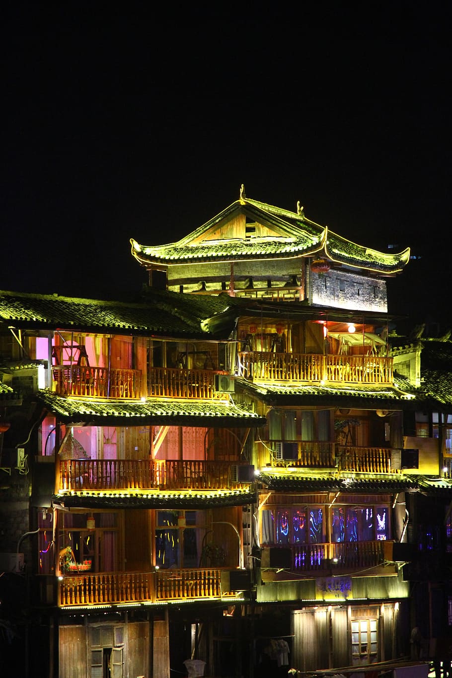 china, hunan, fenghuang, night view, illuminated, architecture