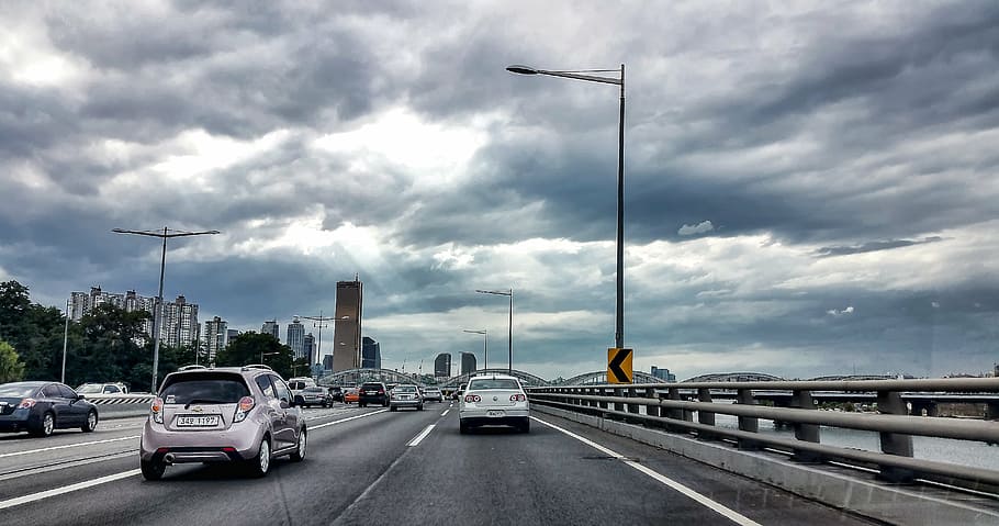 seoul, yeoido, sky, cloud, korea, han river, car, motor vehicle HD wallpaper