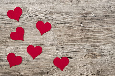 red heart cardboard cutouts on brown wooden surface, map, postcard HD wallpaper