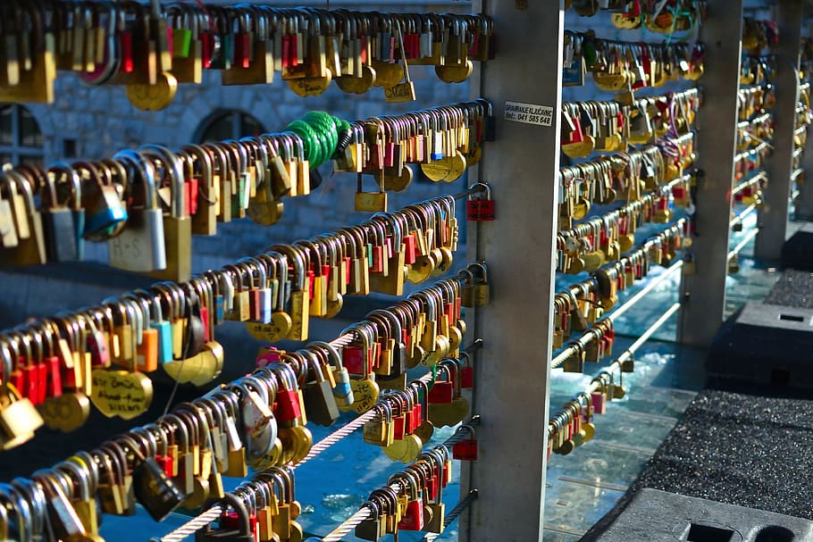 assorted padlocks in bridge, love, romance, travel, large group of objects HD wallpaper
