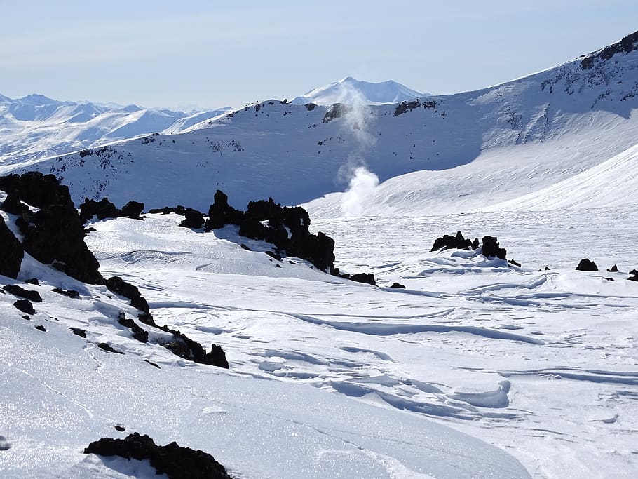 fumarole, pairs, post, winter, snow, coldly, frost, volcano HD wallpaper