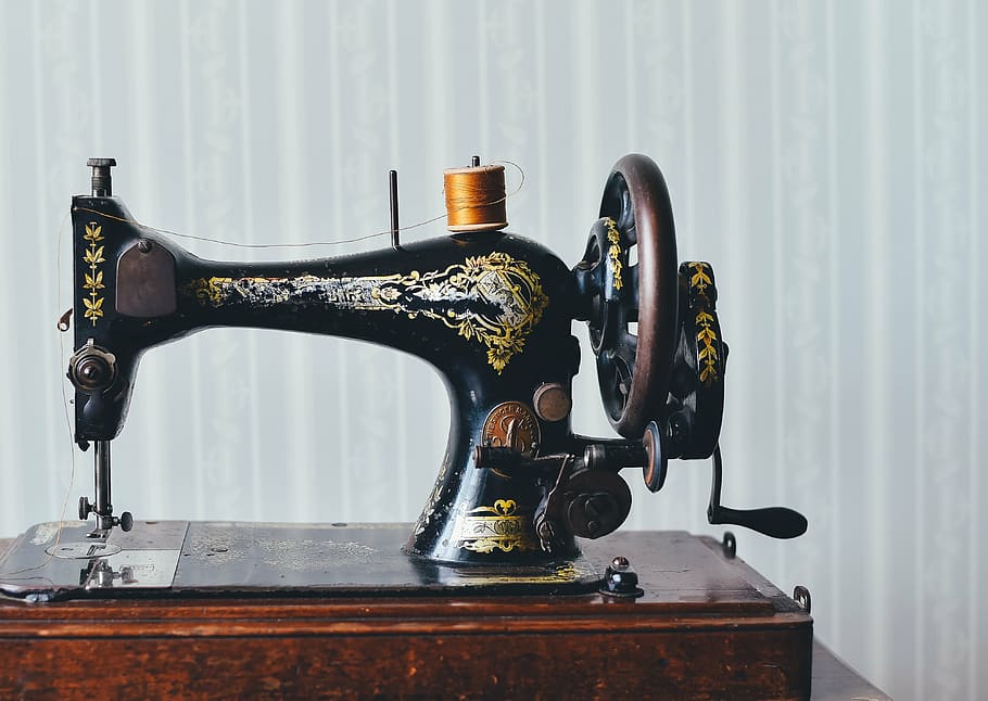 black sewing machine, brown, thread, still, items, things, technology, HD wallpaper