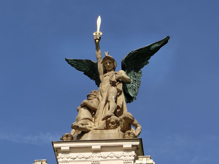 Statue, Sword, Wing, Stone, sky, sculpture, blue, freedom, clear sky HD wallpaper