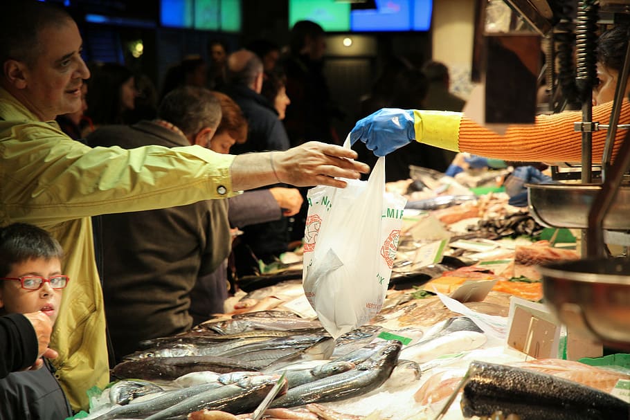 man reaching white plastic bag, fish market, buy, seafood, called rothmans, HD wallpaper