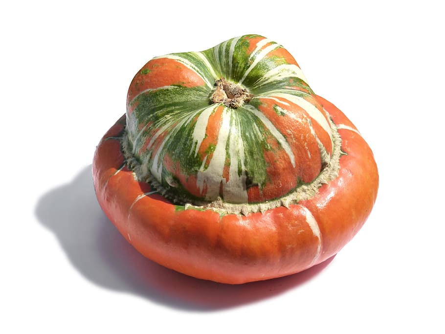 pumpkin, turban squash, white background, rustic decor, food HD wallpaper