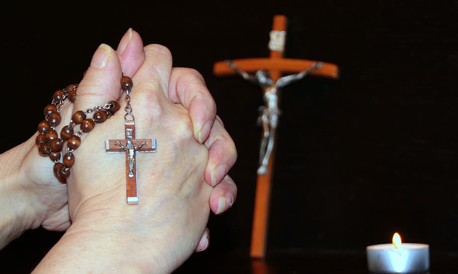 person holding brown prayer beads, Rosary, Graceful, faith, catholic