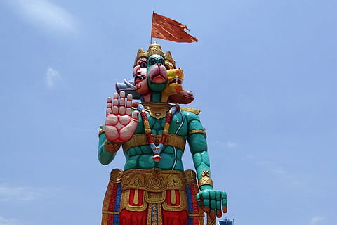 statue, temple, hanuman, monkey-god, panchamukhi hanuman, mythology HD wallpaper