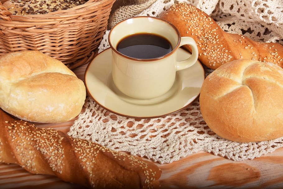black coffee on white ceramic mug beside pastry breads, Breakfast HD wallpaper