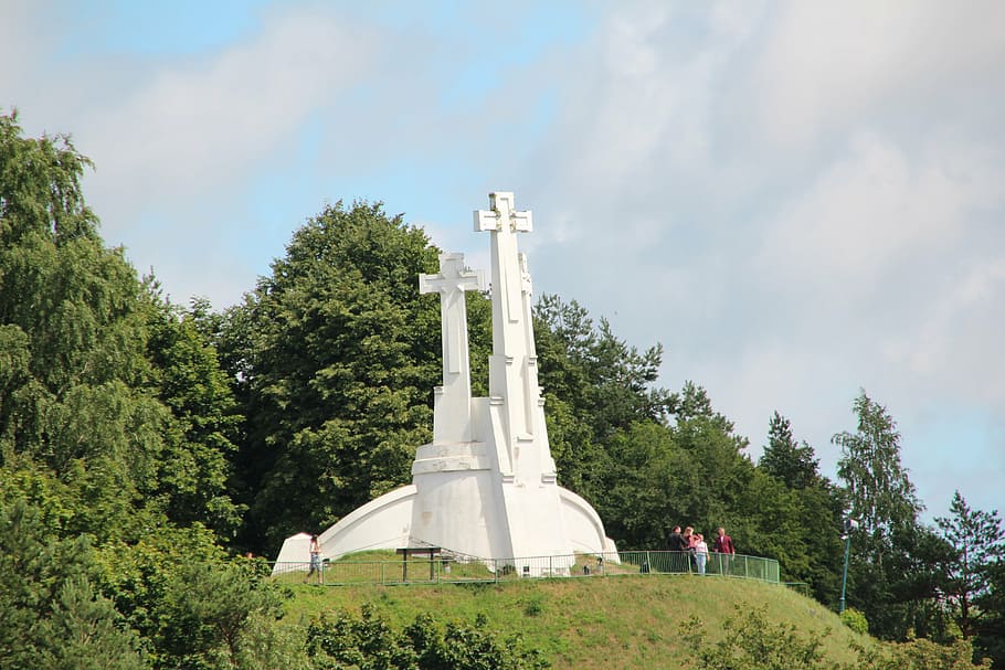 summit cross, white, mountain, forest, plant, sky, tree, architecture HD wallpaper