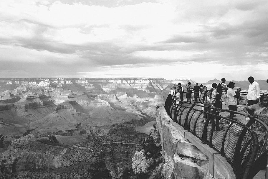black-and-white, sky, people, clouds, bridge, crowd, foggy, grand canyon HD wallpaper