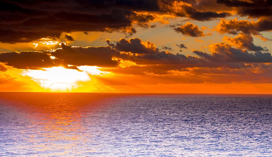 sunset, ocean, sky, beach, horizon, landscape, waves, sunlight HD wallpaper