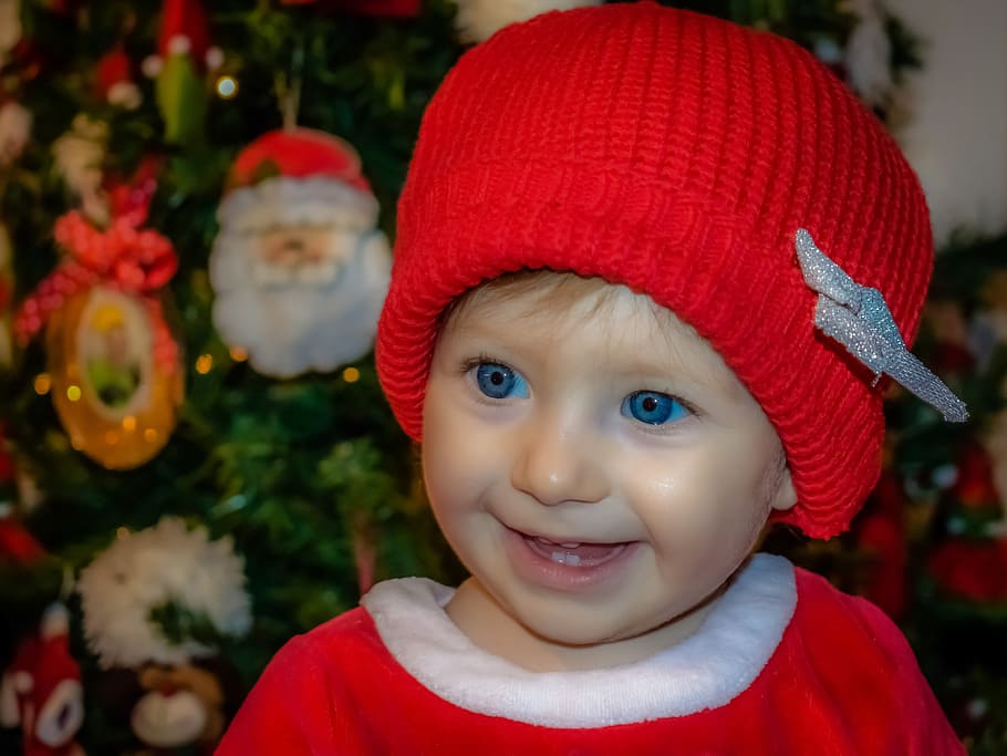 christmas baby, child, people, cap, skull cap, portrait, smile