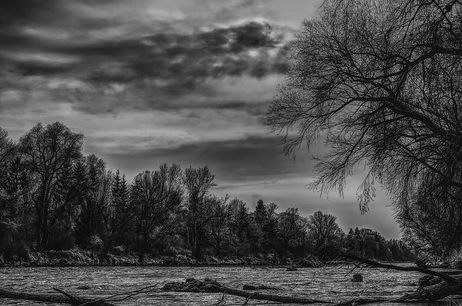 grayscale photo of body of water, dramatic, river, nature, mood HD wallpaper